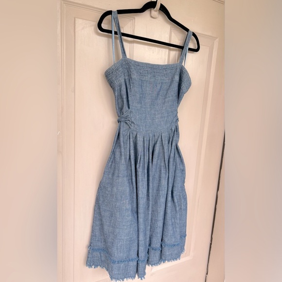 Talbots Chambray Midi Dress 10P Blue Sleeveless Frayed Hem Fit & Flare - Picture 3 of 8